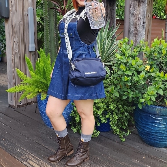 RARE DARK BLUE BOW DENIM JEAN DRESS W SILVER CHAINS MINI DRESS HEART FLOWER BOW - Picture 8 of 8
